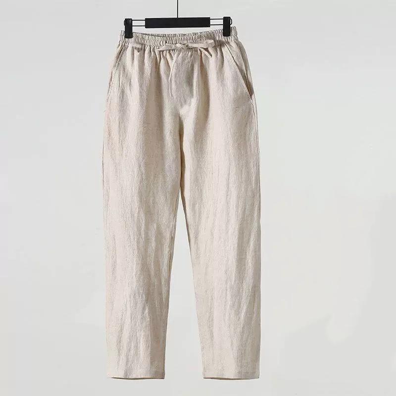 

Light Blue Summer Cotton Linen Dstring Loose Straight Leg Pants Breathable Casual Loose Waist Elastic Simple Color 5XL