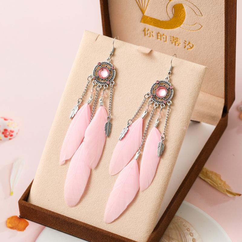 New Vintage Round Rhinestone Feather Earrings for Women Ethnic Elegant Long Drop Earring Wedding Vacation Female Jewelry