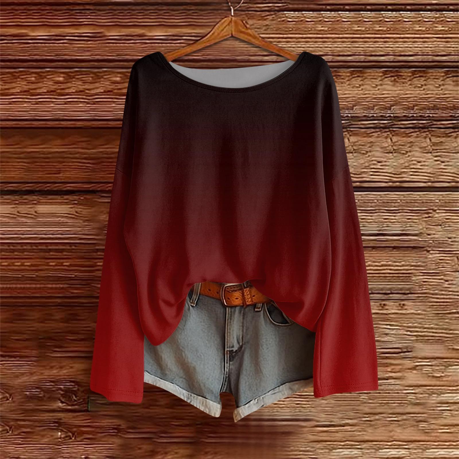 

Long Sleeve Shirts For Women Printed Tees Blouses Casual Plus Size Basic Tops Pullover M винный