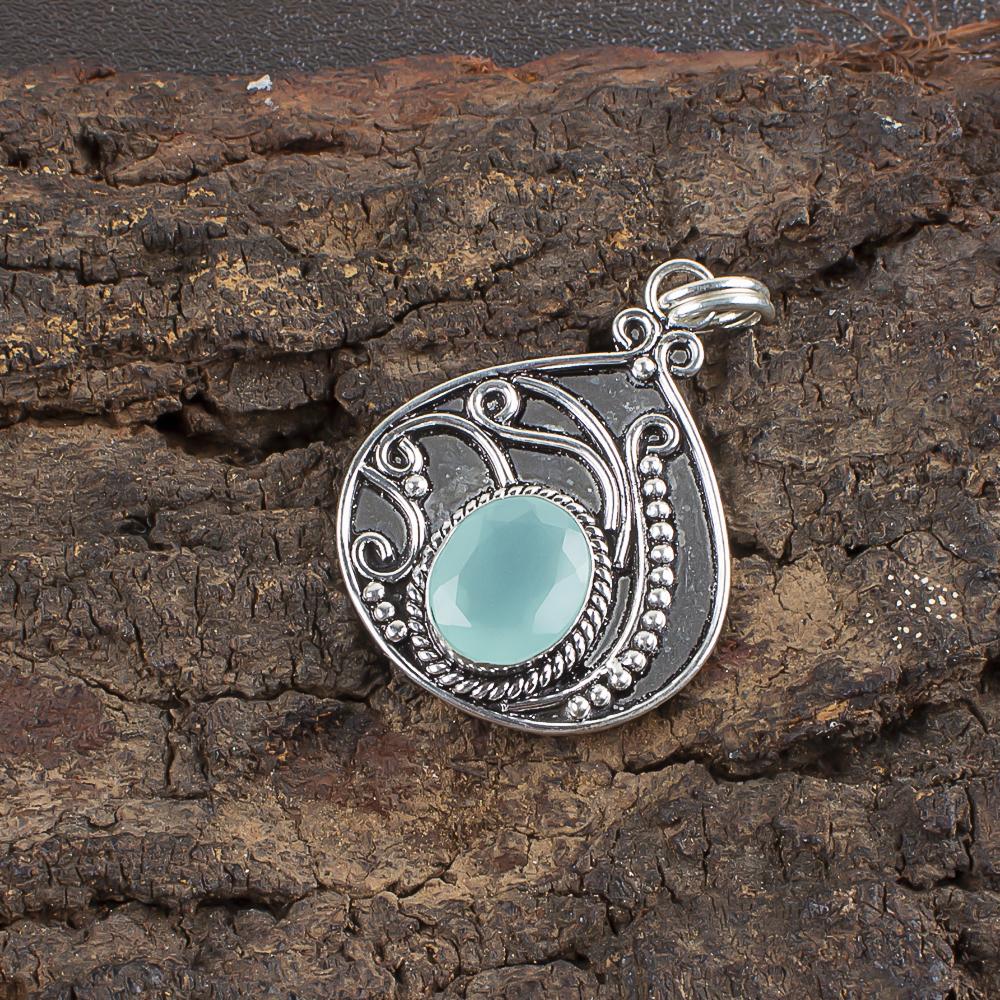 

Aqua Chalcedony Handmade Pendant Gemstone Jewelry, 925 Solid Sterling Silver Pendant Unique Design Jewelry, For Women 1.45 Inches