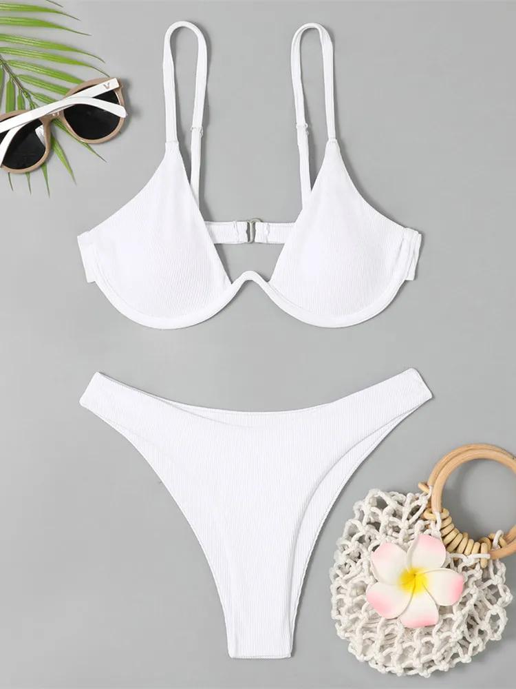 Sexy Underwire Bikini 2025 Women Black White Ribbed Push Up Micro Swimsuit Brazilian Hollow Out Bathing Suit Thong Swimwear