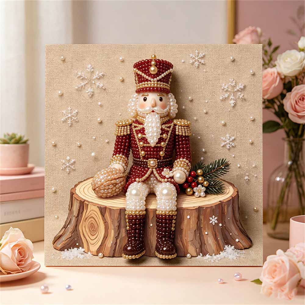 Framed Pearl Art DIY Kit with Christmas Nutcracker Soldier 3D Sparkling Bead Canvas Painting Handmade Gift for Home Decoration