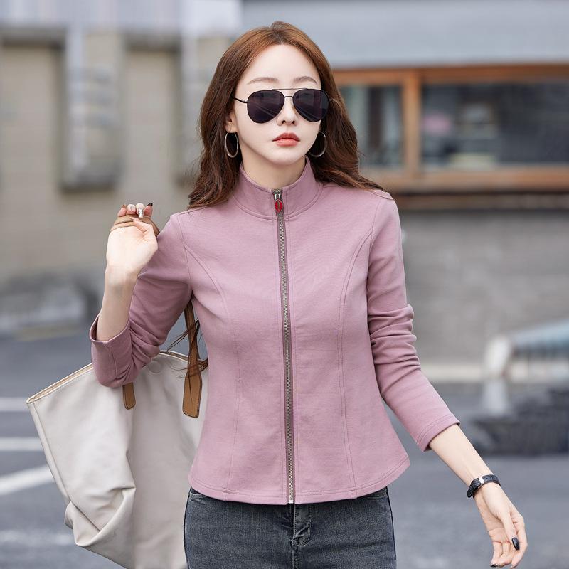 Dámský jarní ležérní sportovní kardigan s dlouhým rukávem a zipem se stojáčkem