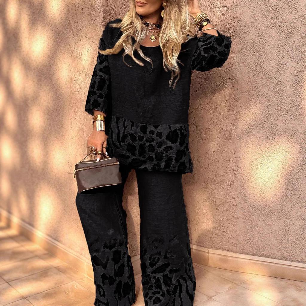 Set Retro Imprimat de Vară pentru Femei 2025: Top cu mânecă medie și pantaloni lungi cu talie înaltă