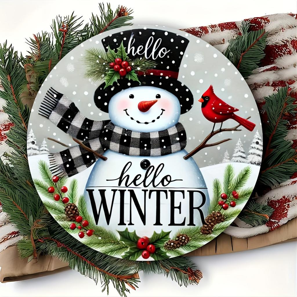 Winter Greetings Carved aluminum foil sign with Holly wreath center attachment, vintage metal tin plate for door, home