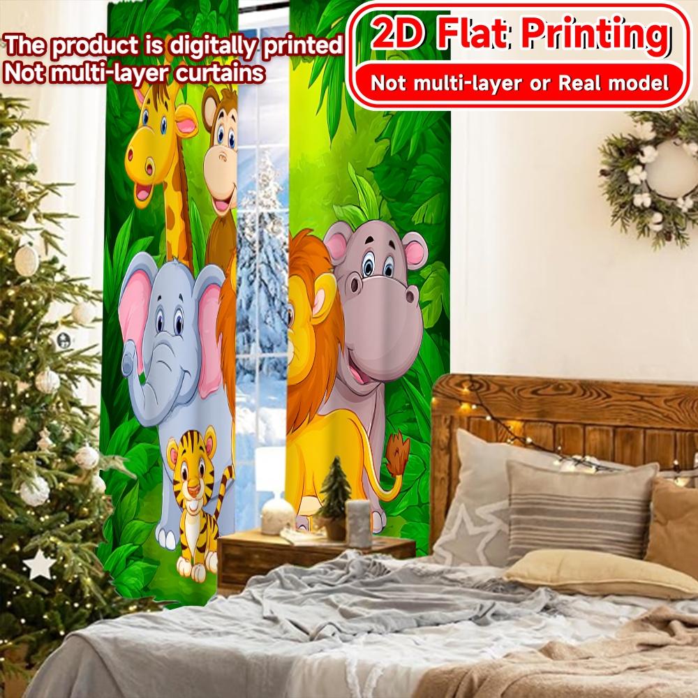 Set Of 2 Flat Printing Curtains Without Rod Playful Jungle Animals Ramadan Festival Popular Drapes Polyester Made