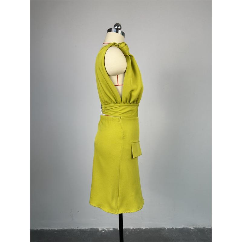 Sommerkjole for kvinner Temperament V-hals Design Høy midje falsk lomme A-linje Halter kjoler