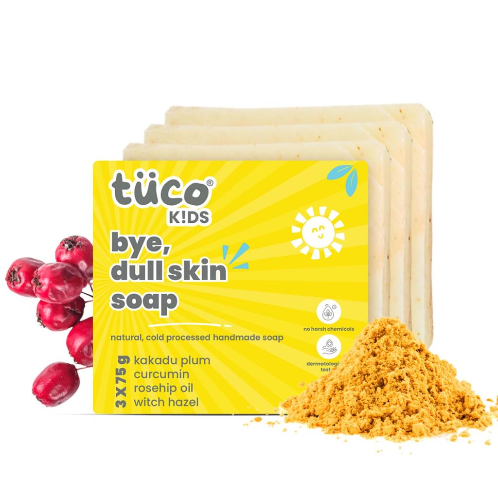 Tuco® Kids Bye, Dull Skin Soap Pack of 3X75gm with Turmeric, Shea Butter | Perfect for Dull & Sensitive Skin | Ages 2-5, 5-10, 10-15 | 3x 75gm
