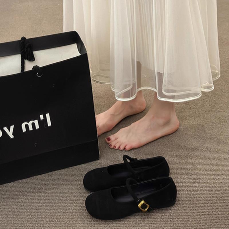 Spring new suede fairy with skirt shallow mouth single shoes retro round head flat bottom buckle temperament women's shoes