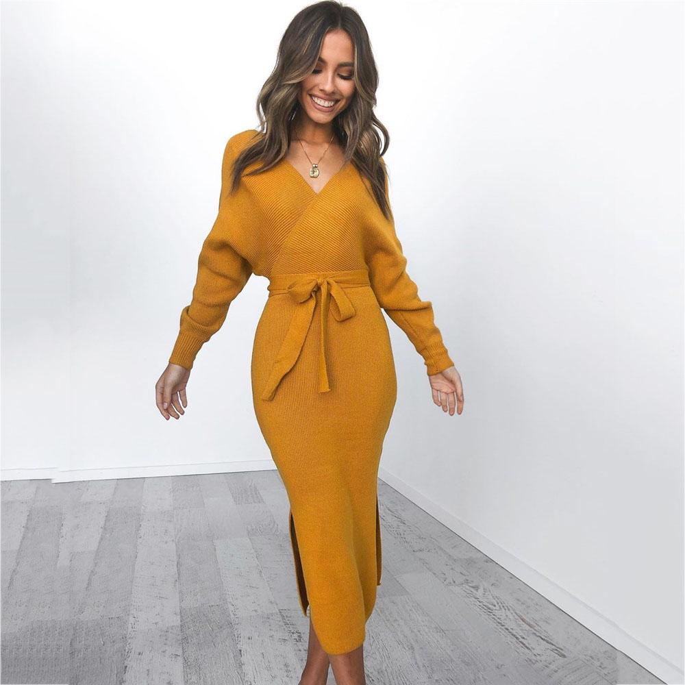 WarmJacktes Autumn Winter Women 'S Knit Solid Color Long -Sleeved V -Neck Dress Warm Bottoming Skirt