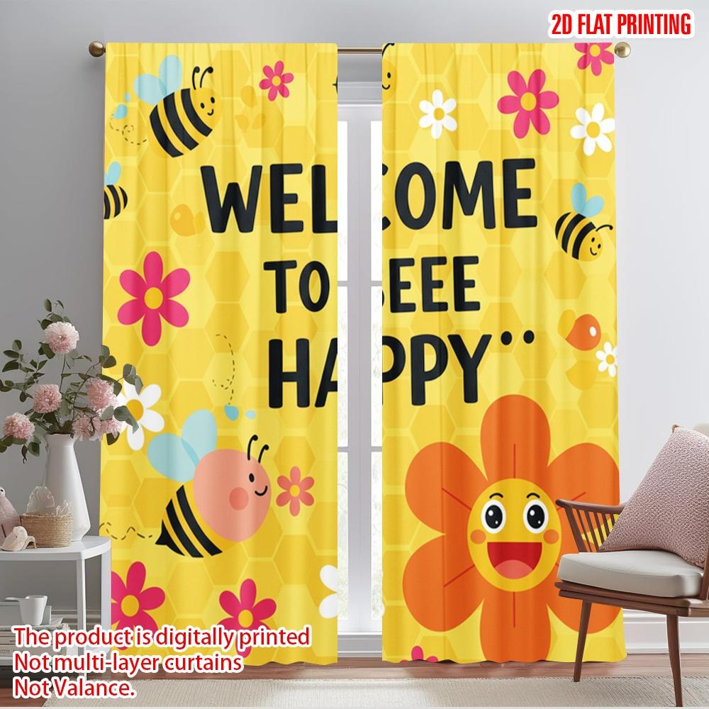 2pcs 2D flat printing Window Curtains Welcome Bee Happy Flowers Polyester Without Electricity Party Decorations for room decor