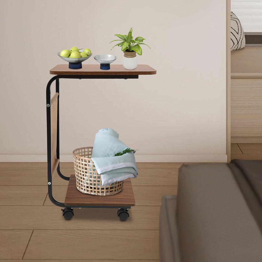 C-Shaped MDF Side Table,Black/Brown/Wood Color 2 Tiers Small C Table with Wheels Floorstanding for Sofa and Bed