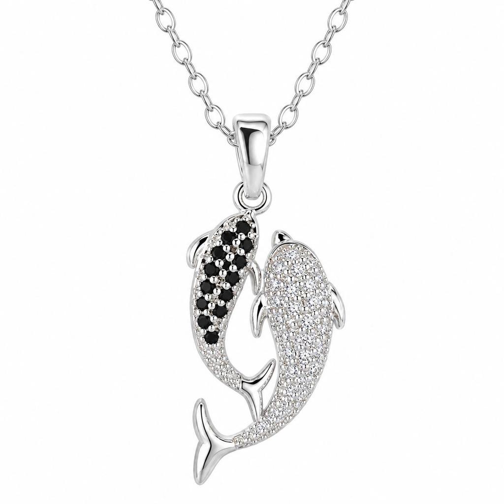 Copper-Plated 18K Gold Double Fish Zircon Pendant Necklace for Women