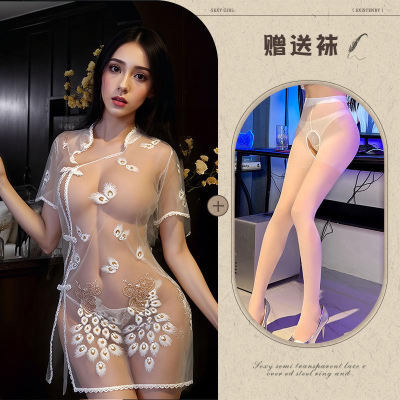 Embroidery embroidery erotic underwear sexy perspective temptation pure desire pajama set Republic of China cheongsam set