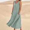 Ladies Summer Cotton Linen Dress European American Style Round Neck Sleeveless Pocket
