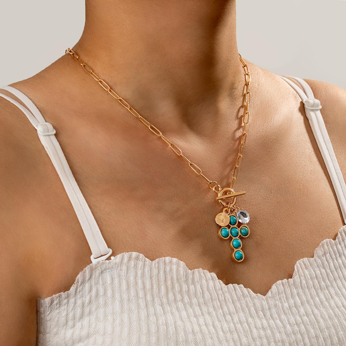 

Bohemian style turquoise cross multiple pendant imitation pearl OT buckle women s necklace