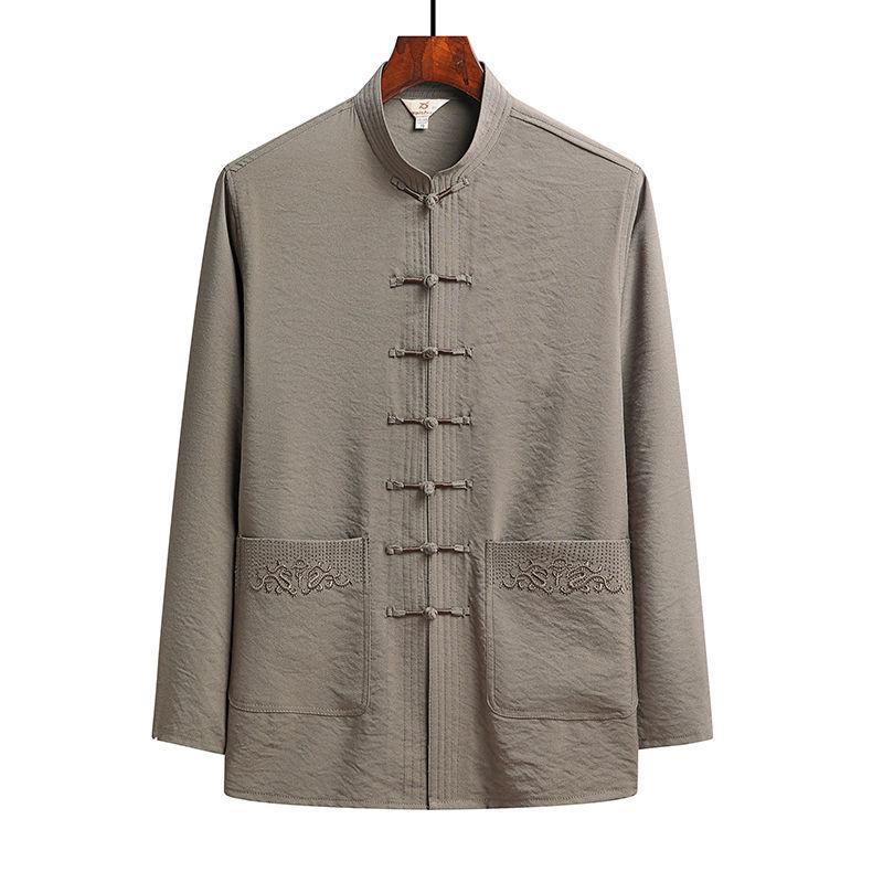 

Китайский традиционный комплект одежды, мужская осенняя льняная рубашка с пряжкой, рубашка кунг-фу, восточный ретро-топ, брюки, дышащая униформа Тай-Чи, ханьфу 44