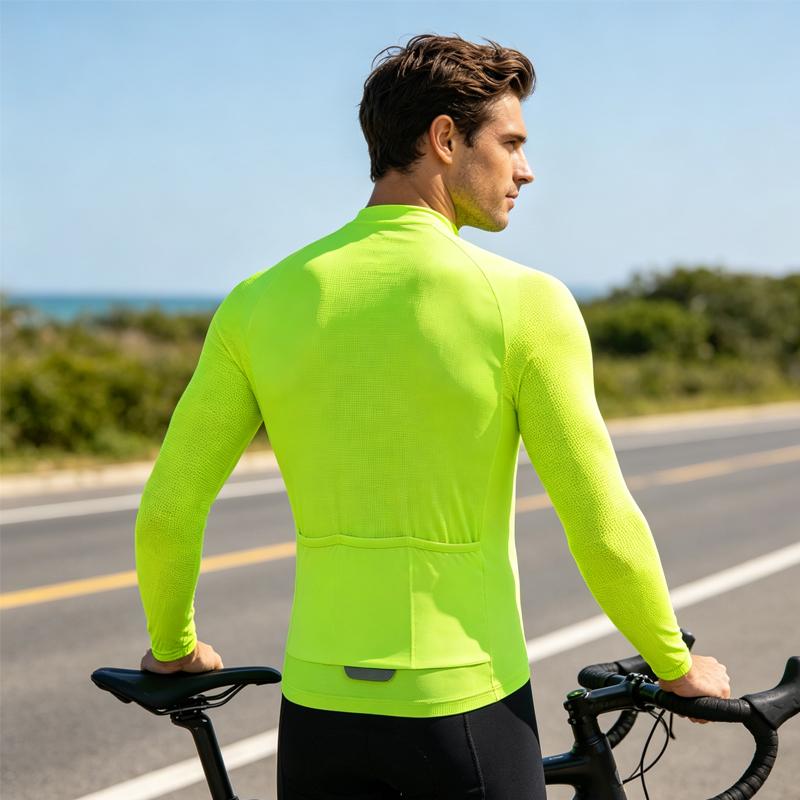 Summer Men's Long Sleeve Cycling Jersey, Half Zip Breathable Mesh Bike Shirt, Fluorescent High Visibility Road Biking Top
