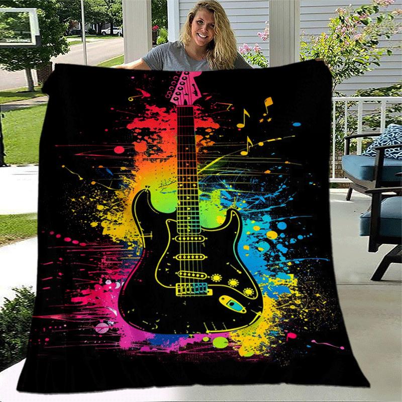 1pc Guitar Printing Lightweight Flannel Blanket, Comfortable and Warm Blanket,  Sofa Bed and Couch Office, Suitable for Gift Blankets