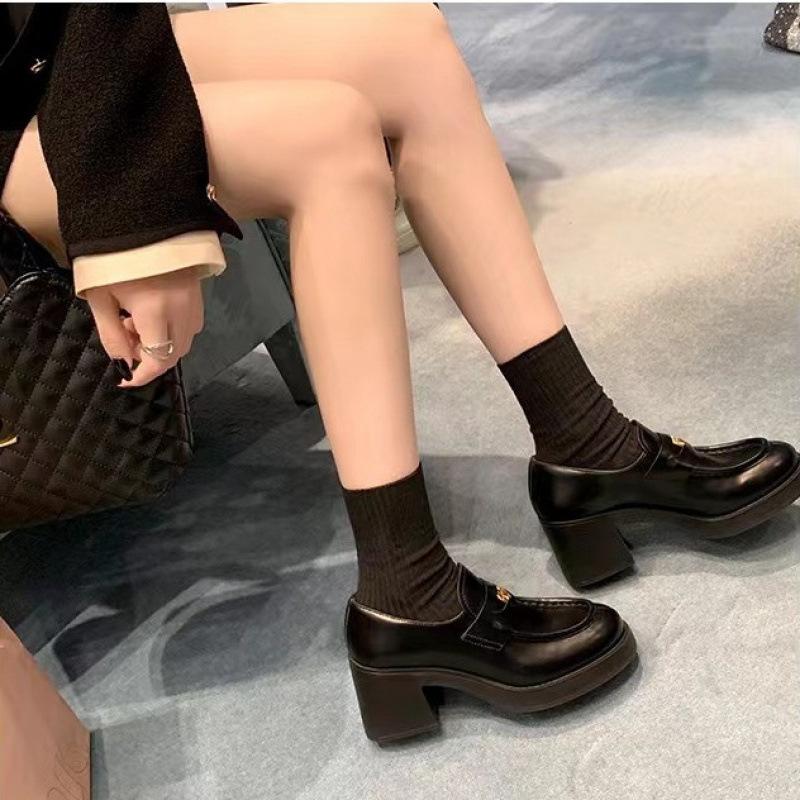 Retro Round Head Small Gold Coin Heightened Thick Heel Thick Sole Small Leather Shoes Women's Single Shoes