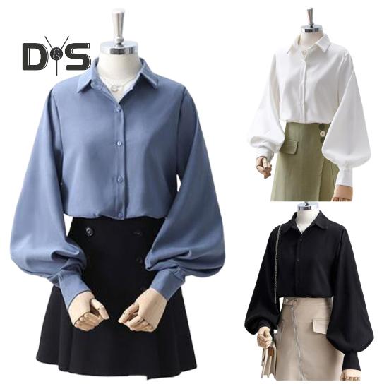 Women Shirt Lapel Lantern Long Sleeve Single Breasted Shirt Tops Solid Color Loose Fit Work Casual Daily Tops