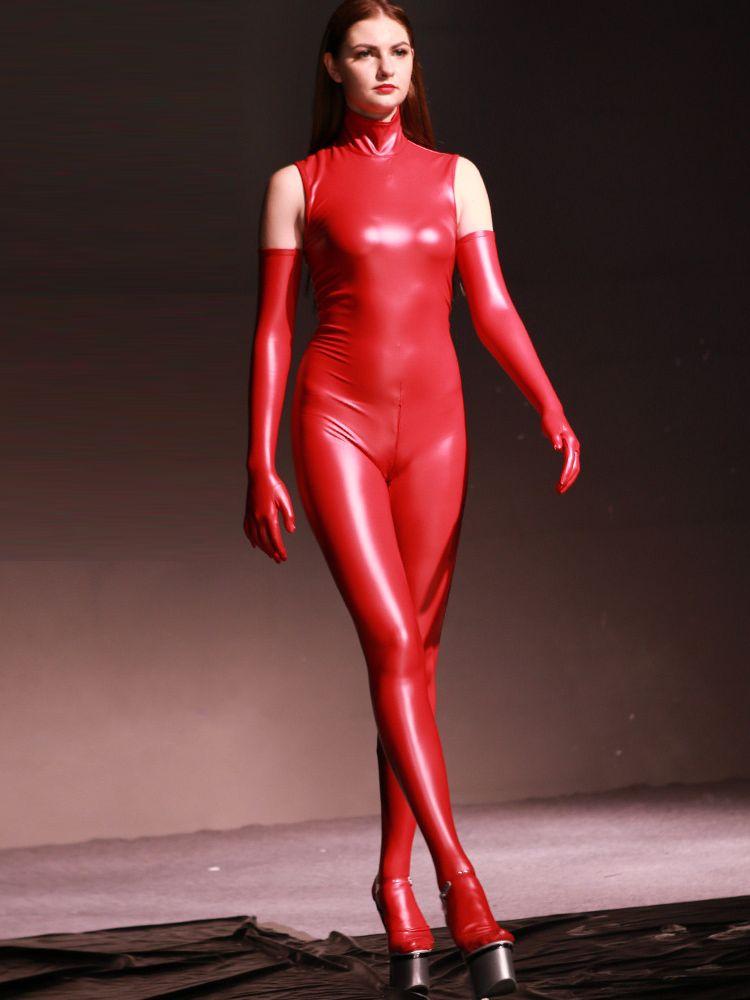 S-5Xl Unisex Sleeveless Faux Latex Catsuit Elastic Pu Leather Bodystocking Zipper Open Crotch Bodysuit Tights Leotard Conjoined