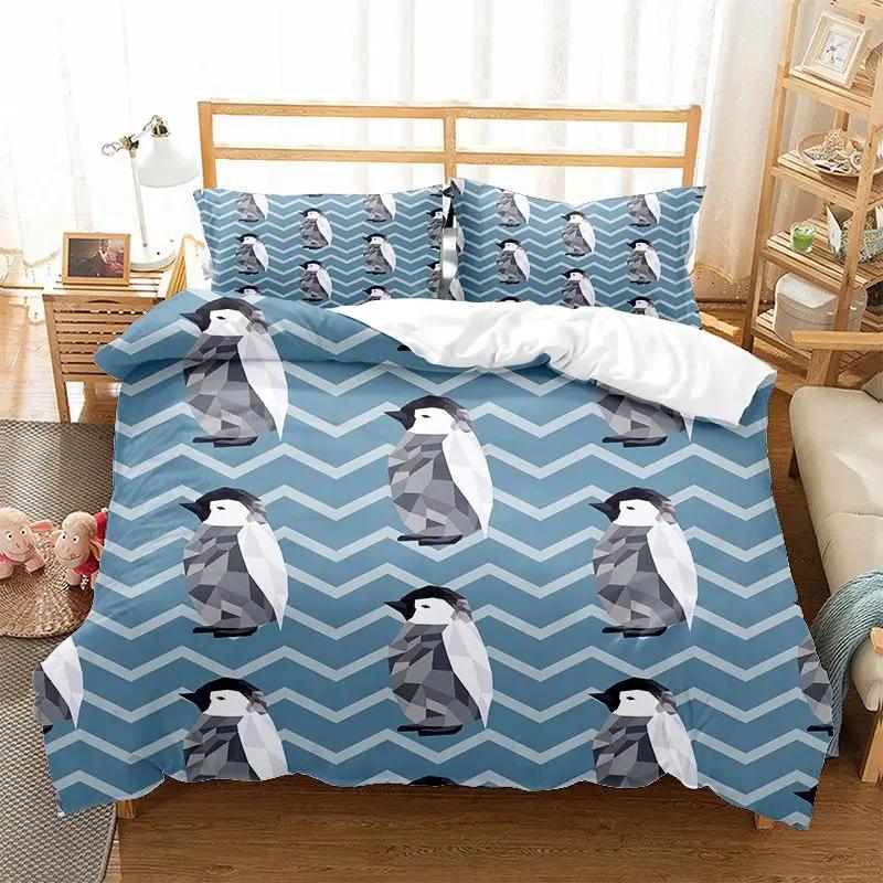 Cartoon Penguin Pattern Three-Piece Digital Printing Duvet Set Suitable For Boys And Girls