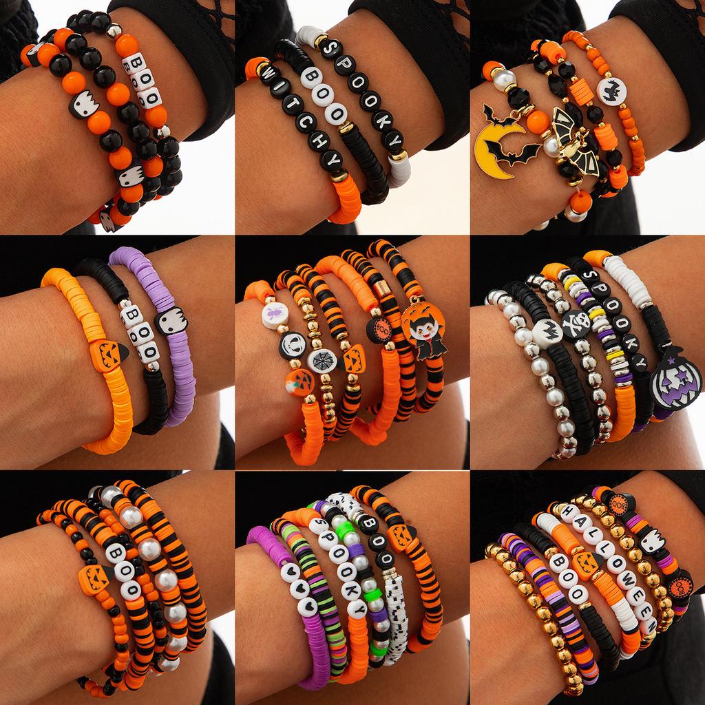 Halloween Skull Pumpkin Bracelet Set Dark Witch Spider Mixed Color Beaded Funny Bracelet