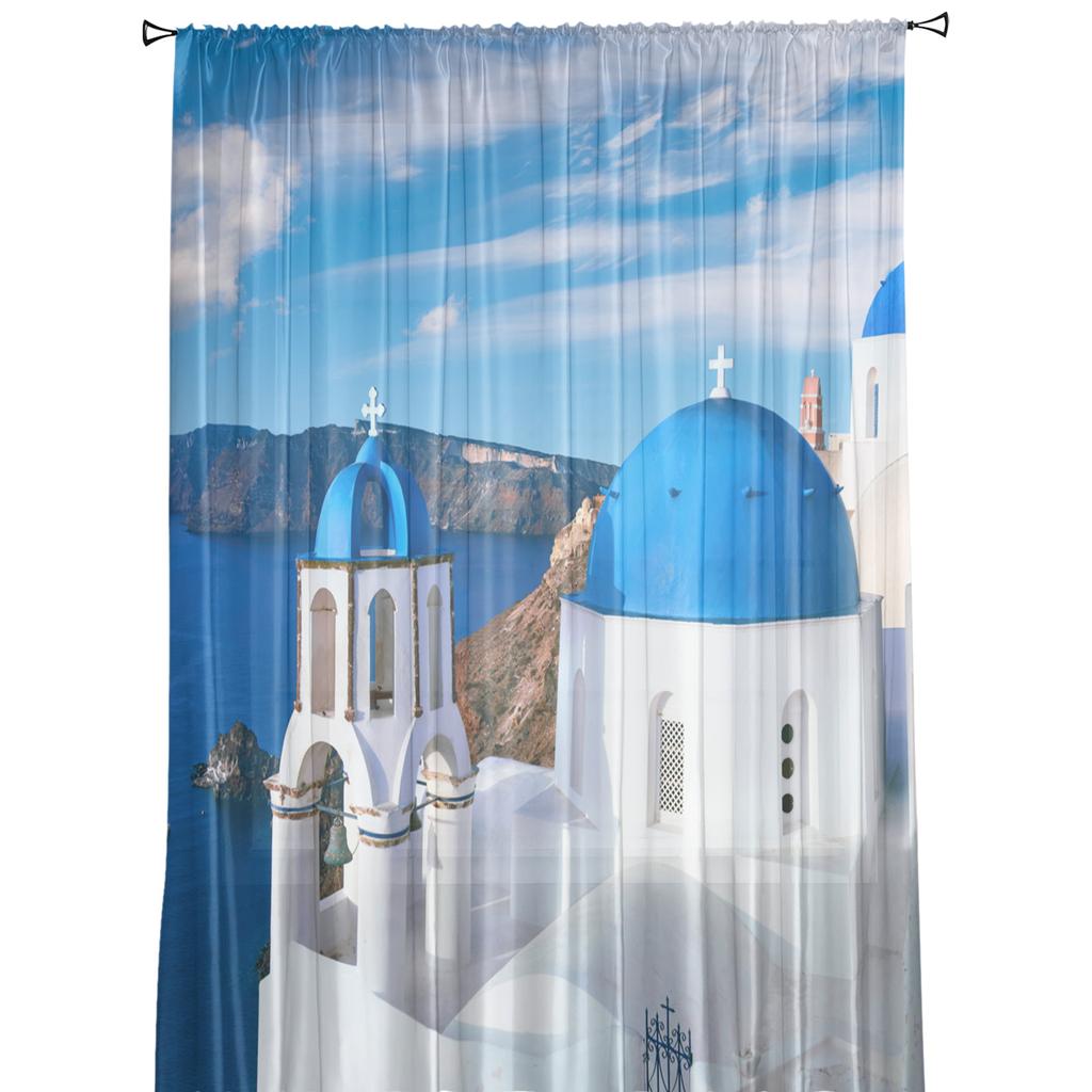 Greece Santorini Blue Roof Church Tulle Sheer Window Curtains for Living Room Kitchen Children Bedroom Voile Hanging Curtain
