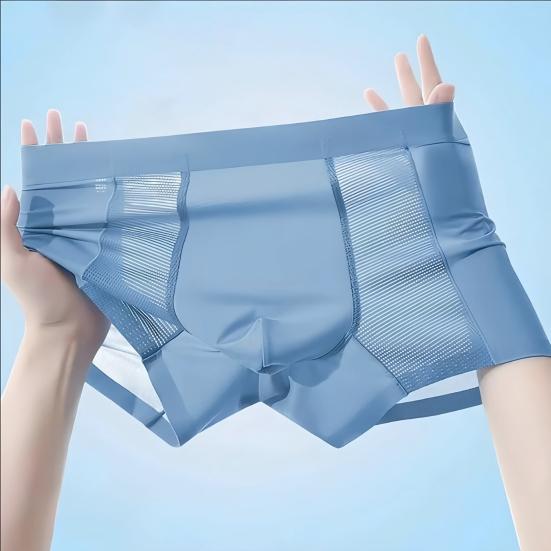 Men Boxer Underwear Mid-rise Elastic Waistband Breathable Mesh Shorts Briefs Solid Color Summer Ice Silk Cooling Panties