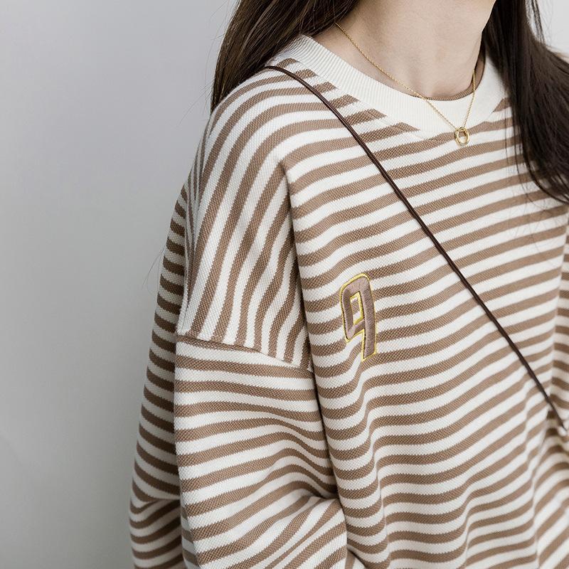 Striped, Hoodie, Women's, Top, Loose Fit, T-shirt