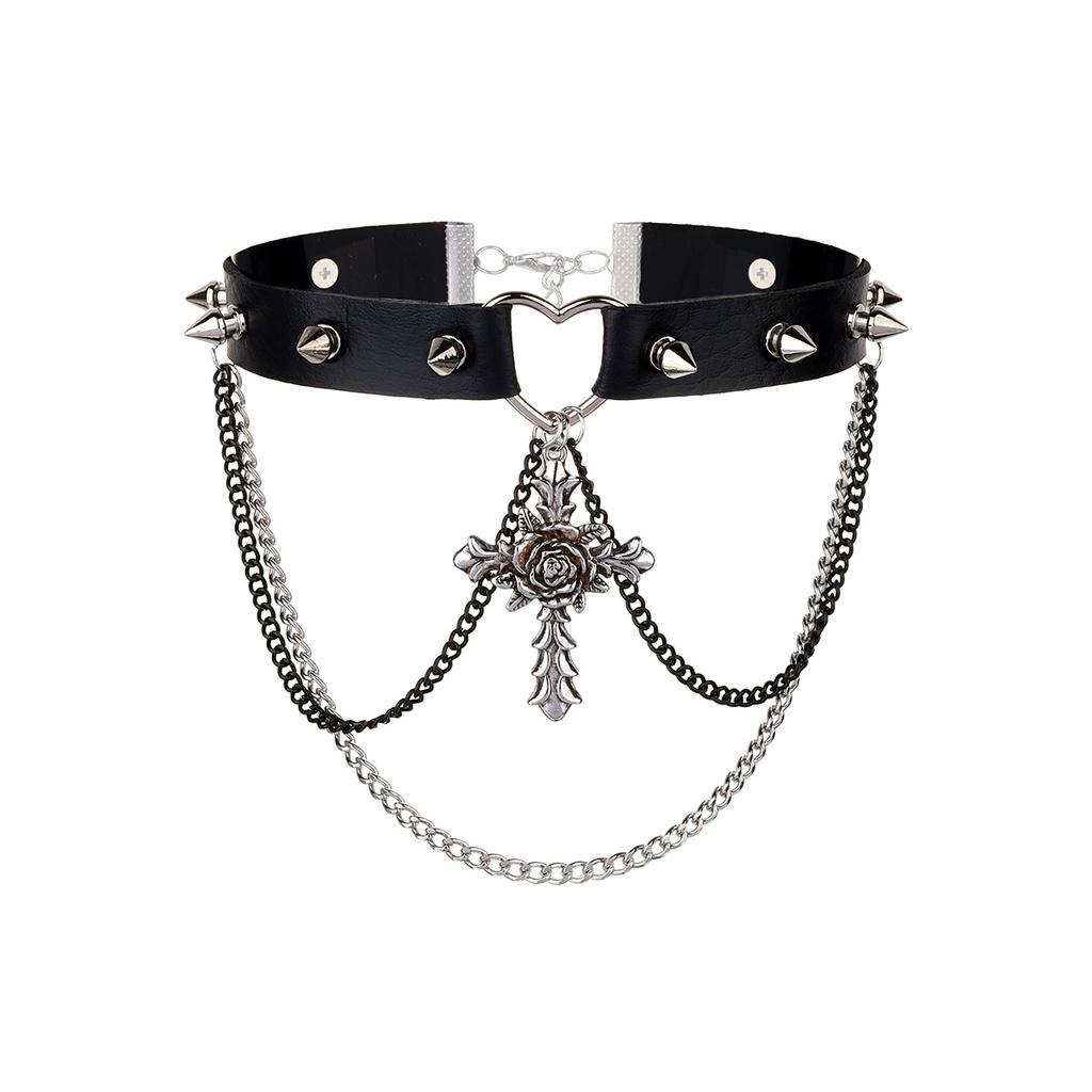 Punk style cross choker collar exaggerated personality tassel PU necklace sweet cool babes accessories