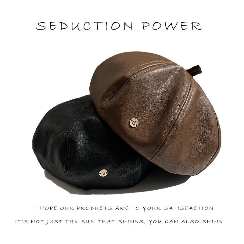 Beret Women's Autumn and Winter New Face-showing Small Octagonal Hat Korean Style Street Fashion Versatile PU Leather Hong Kong Style Pumpkin Hat