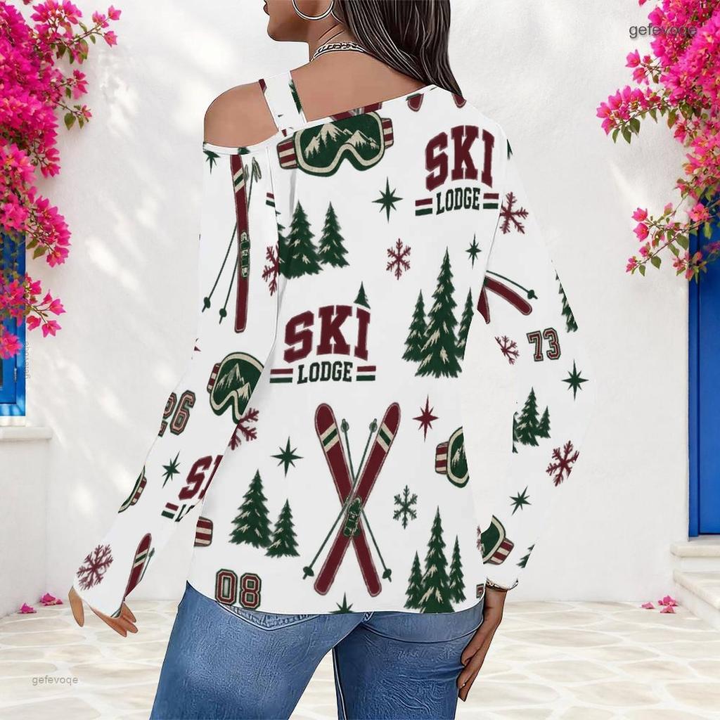 Women Plus Size Asymmetric Cutout Neck Cold Shoulder Long Sleeve Bicycle Printed White Fitted Top