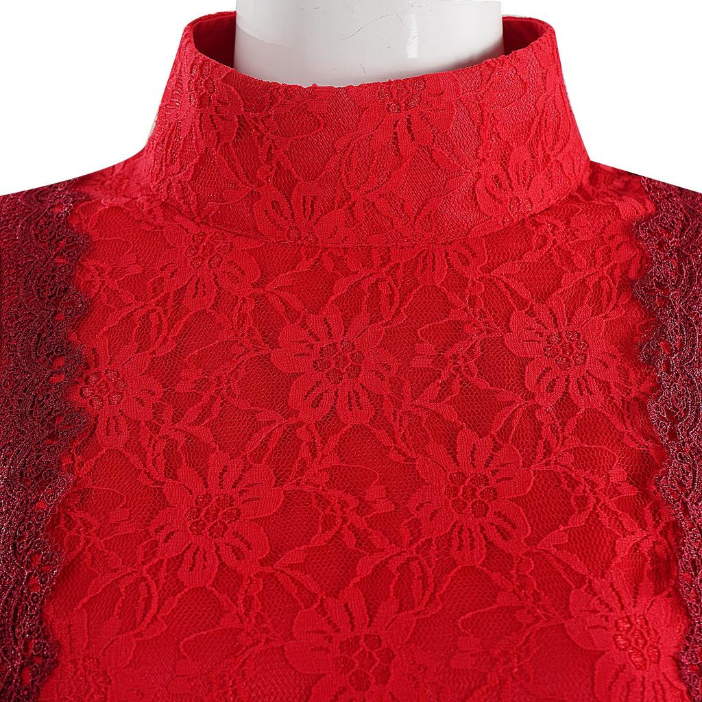 Cross-border Factory Pearl Horror Movie Cosplay Costume, Red Lace Dress with Vintage Style, Halloween Party & Stage Performance Outfit