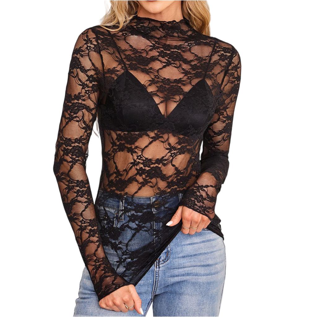 Women's Sexy Slim,fit Lace Long,sleeved Base Layer Top