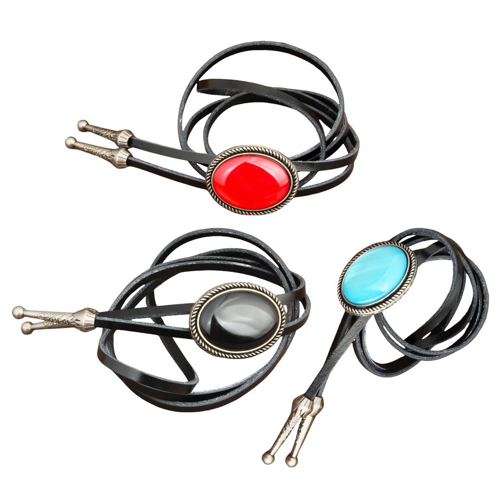 Unisex Vintage Oval Shape Stone Pendant Bolo Tie Western Faux Leather Rope Necktie Jewelry Shirt Collar Chain Necklace