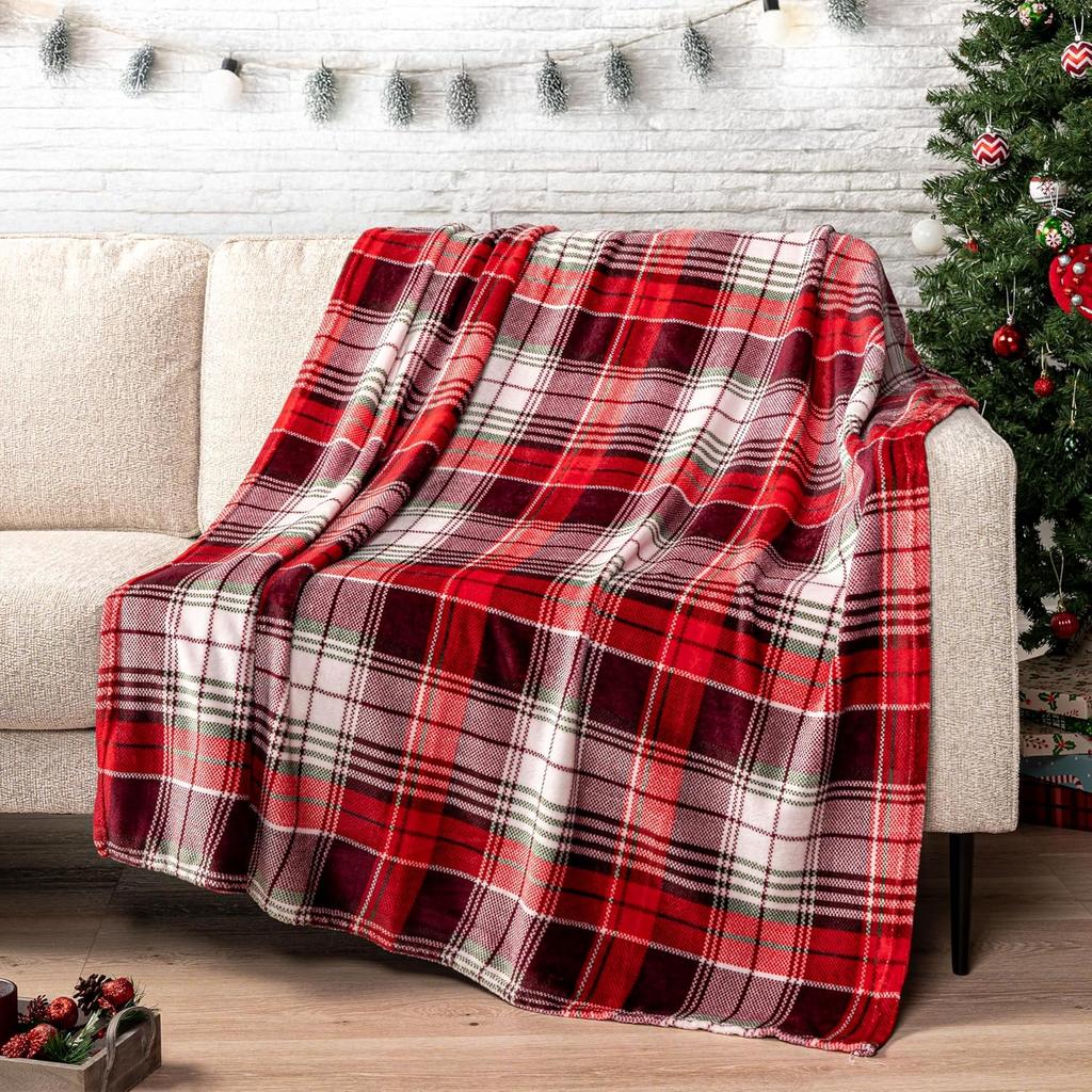 Christmas Reindeer Snowflake Striped Flannel Throw Blanket, Red Xmas Pattern Warm Cozy Blanket for Couch Bed Winter Holiday Home Decor