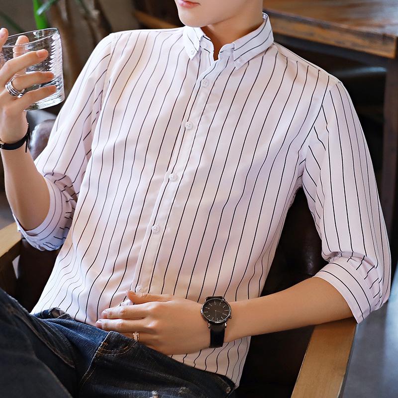 Men's Slim-Fit Striped Shirt: Japanese Style, Seven-Sleeve, Urban Casual for Spring and Autumn