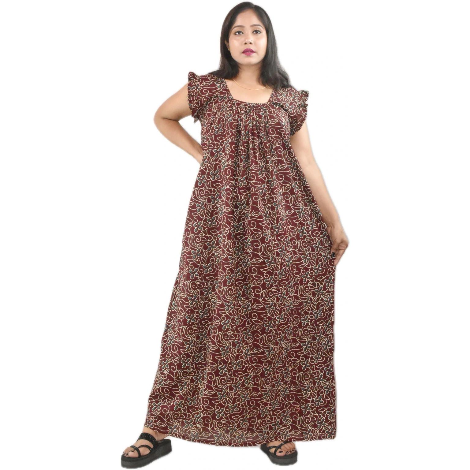 Maroon Beautiful Printed Night Gown Indian Designer Casual Wear Nighty Dress 2XL-44