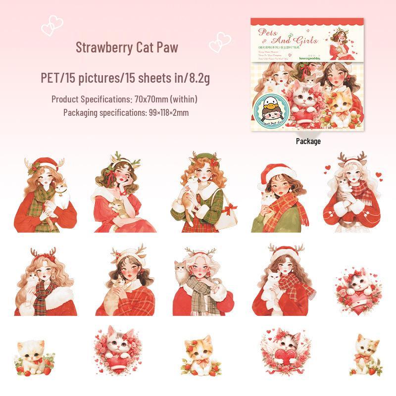 Beautiful Day Pet Series: Girly Theme PET Stickers - Cat Paws, Strawberries & More, 4 Types, 15 Sheets/Pack