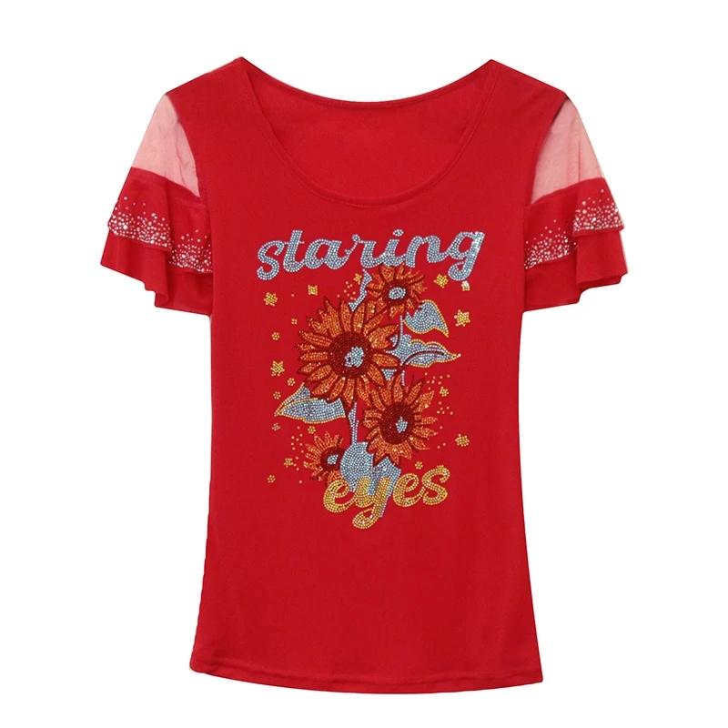 Summer Streetwear Girl Shiny Bling Rhinestone Floral T-shirt Sexy Off Shouler Short Sleeve Tops New Chic Women Elastic Slim Tees