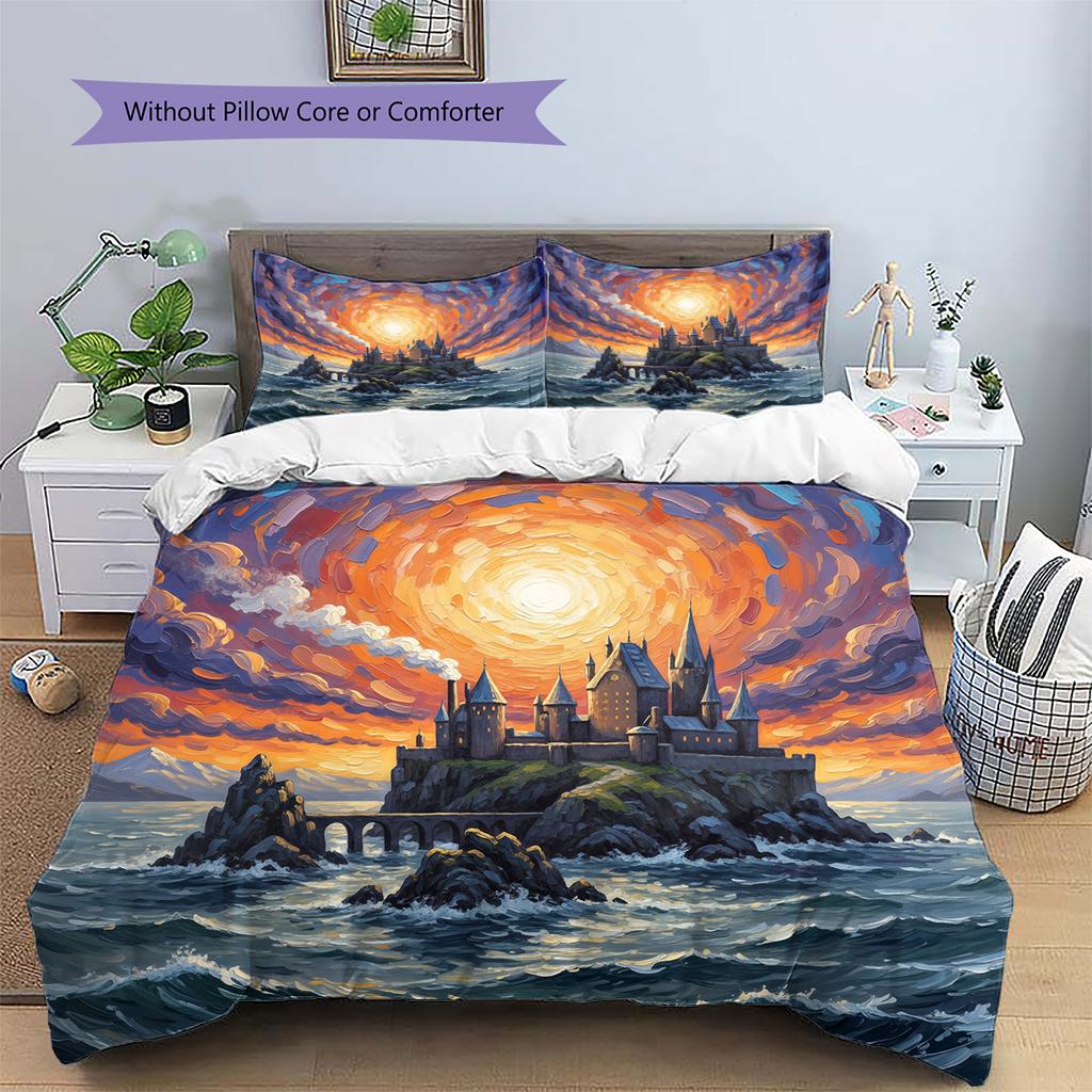 Oil Painting Style Castle Pattern Bedding Quilt Set Home Decoration Gift (1 * duvet cover + 2 * pillowcase without core)