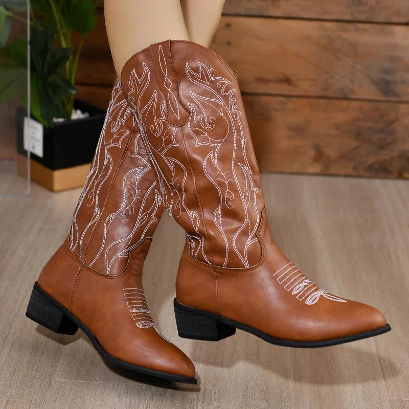 Shoes for Women 2024 High Quality Mid-Calf Women's Boots Outdoor Modern Boots Women Embroidery Slip-on Square Heel Ladies Shoes