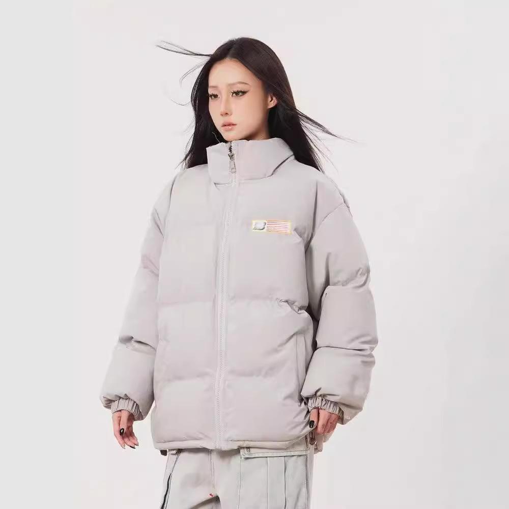 Flag printing retro stand-up collar  clothes for men and women in winter thickened loose couple coat bread