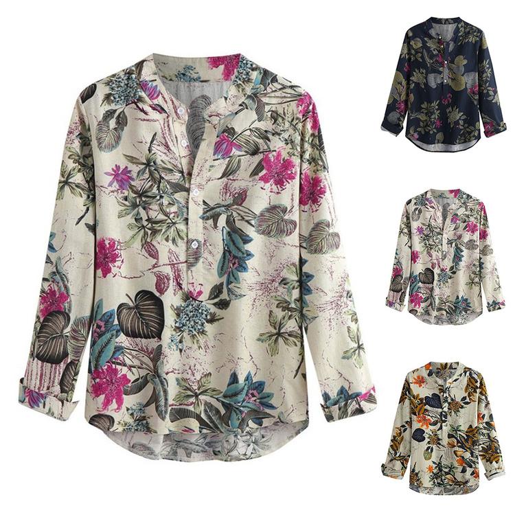 Buy Women Floral Button Long Sleeves Shirt Casual Loose Soft Blouse Crew Neck Tshirt Tops at