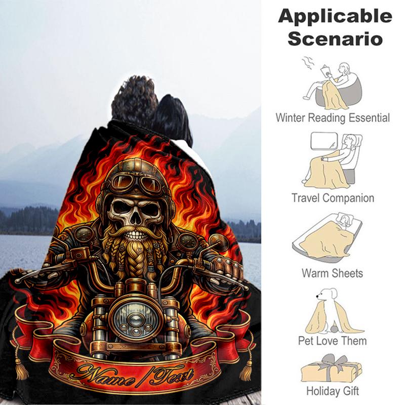 1PC Custom Name Biker Spirit Flames flannel blanket versatile,all-season throw suitable for the living room,bedroom,camping,travel,and gift