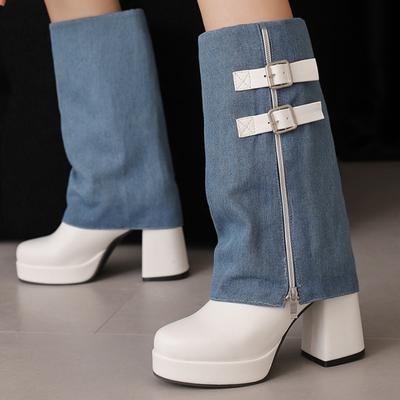 Botas Altas hasta la Rodilla de Moda para Mujer Plataforma Sexy Zapatos de Invierno Negro Blanco Azul Jeans con Tacón Bota Larga Zapatos de Dama Talla Grande Nuevas Tendencias