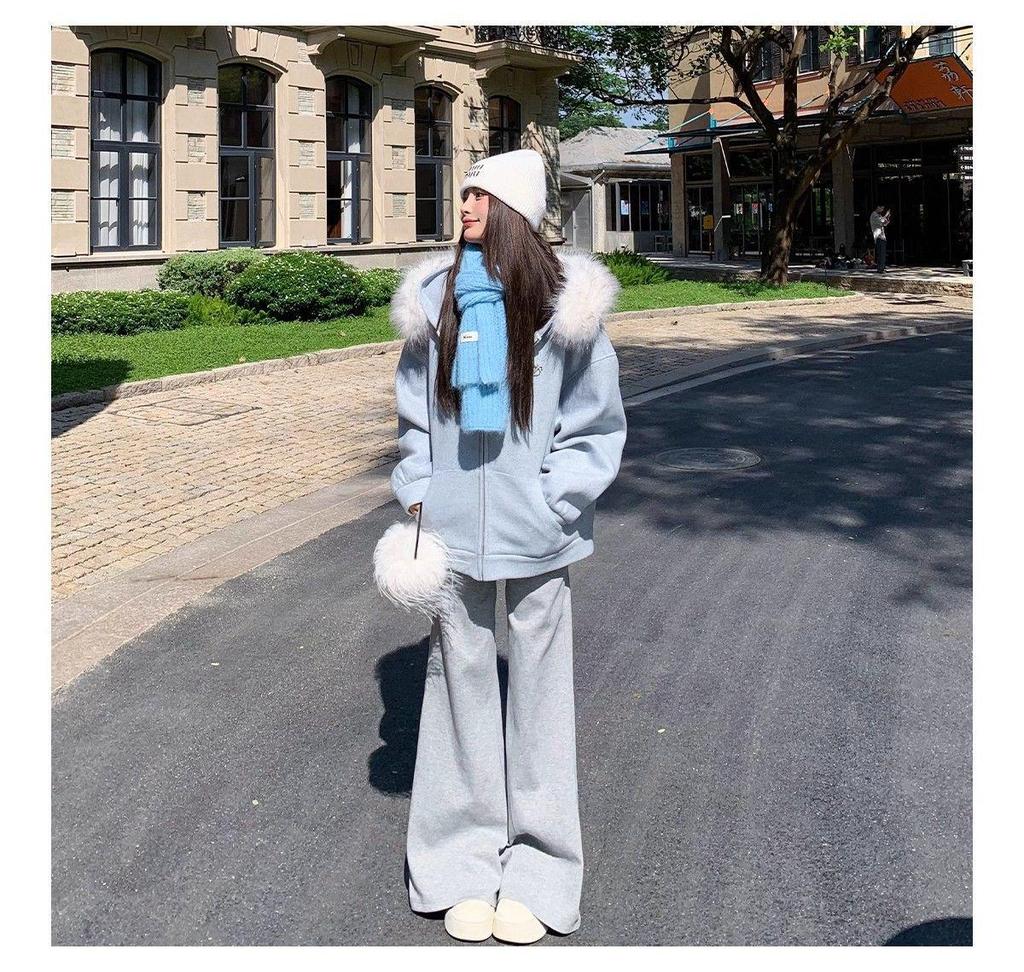 Women's Gray Micro-Flare Sweatpants: 2025 Autumn/Winter Korean Style, Wide Leg, Plus Velvet, Thickened Casual Pants.