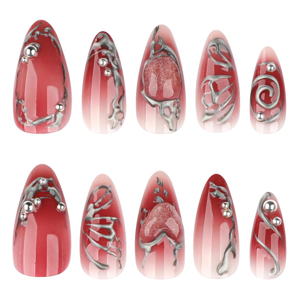 Red Y2K Press-On Nails: Butterfly Heart Design with High-End Silver Hot Stamping for Autumn/Winter